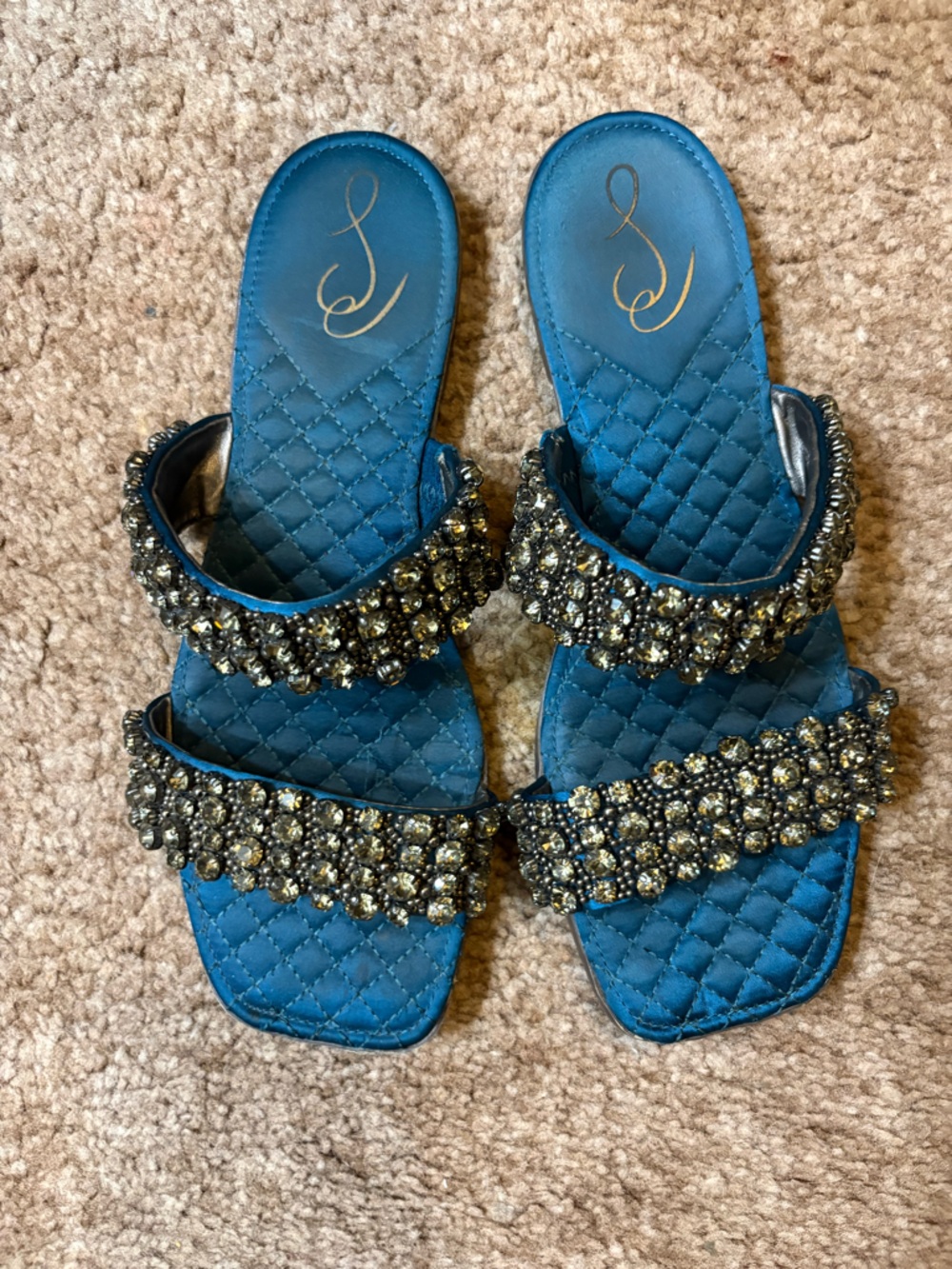 Sam Edelman Embellished Blue Quilted Slide Sandals